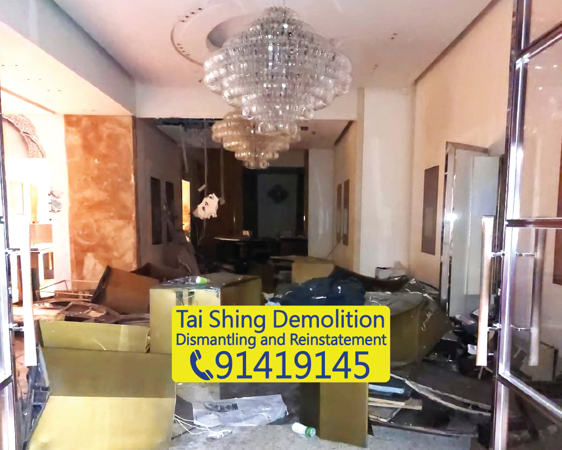 Luxury retail shop demolition and reinstatement, mall shop decoration removal, retaining ceiling crystal chandeliers and basic structures, preparing for handover