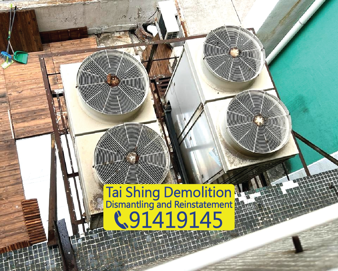 School exterior wall large air conditioning condenser dismantling, education center AC system demolition, working at height demolition project