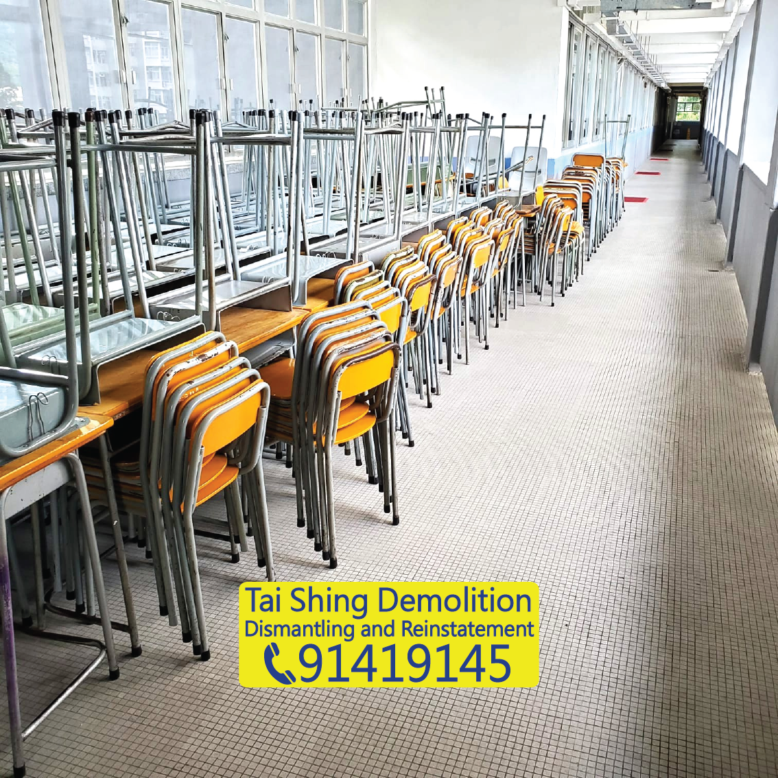 Hong Kong school demolition and reinstatement project, clearing old desks and chairs in corridors, education center furniture disposal, Tai Shing Demolition, 91419145
